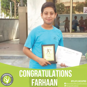 ARA's Farhaan After winning the Talent Seris Tournament held at SRAG ACADEMY, Ahmedabad.